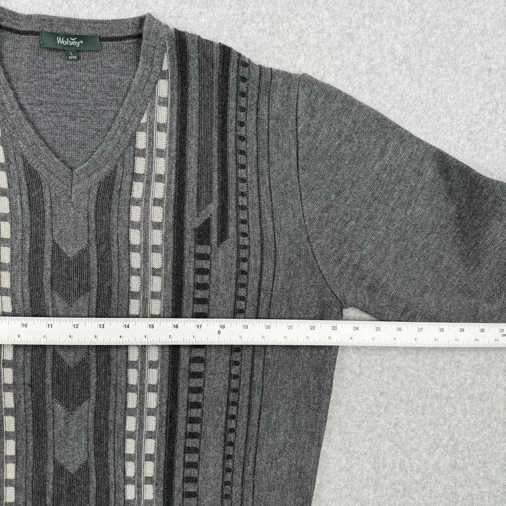 Vintage Wolsey Sweater Mens Large Gray Striped Wool Blend V Neck Pullover Jumper